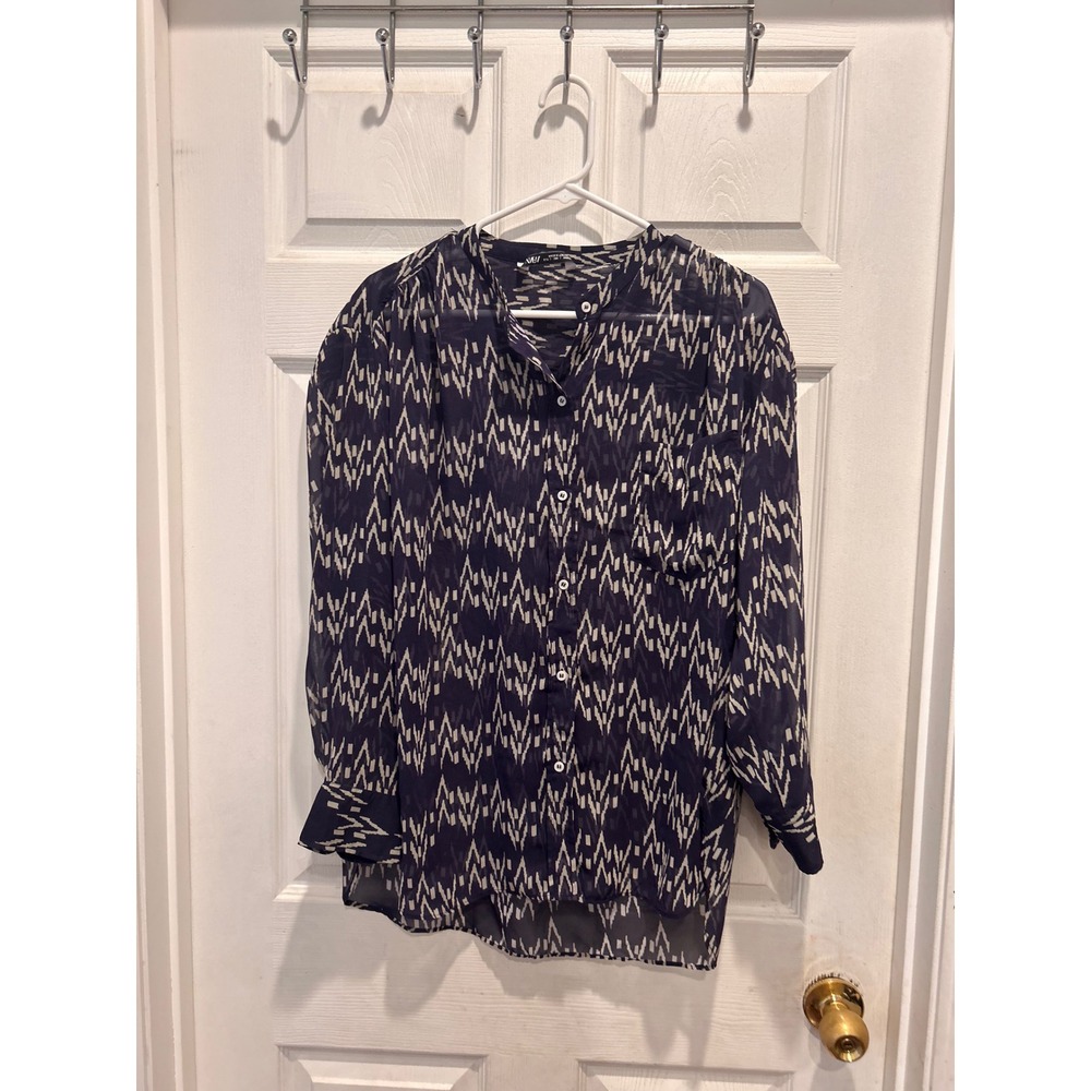 Zara Women Purple Geometric Ikat Print Sheer Chiffon Button‎ Up Blouse Large